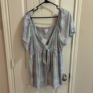 Plaid Puff Sleeve Tie-Front Top